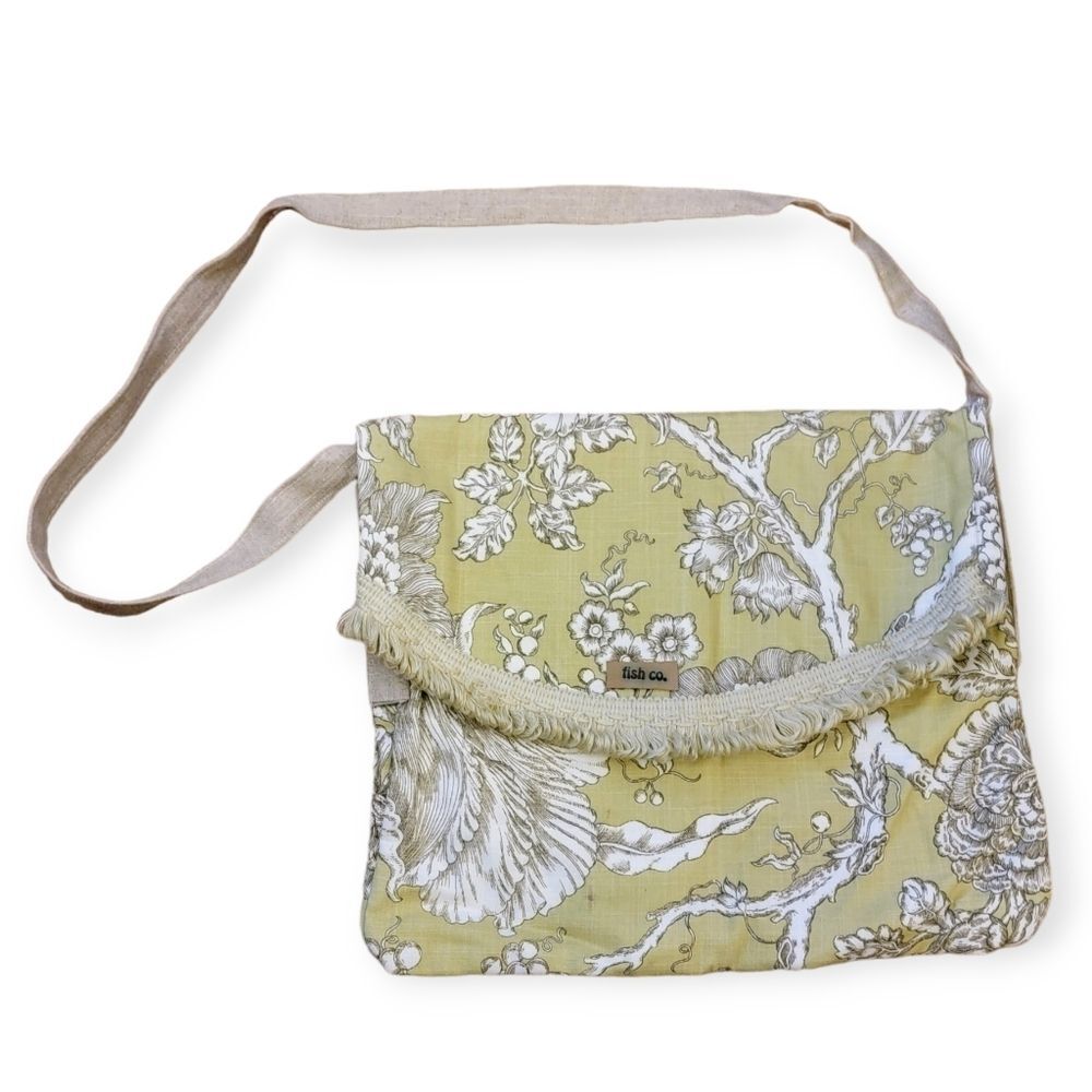 Fish Co. Floral Toile Crossbody Bag with Fringe Flap Sage / Chartreuse Cottage